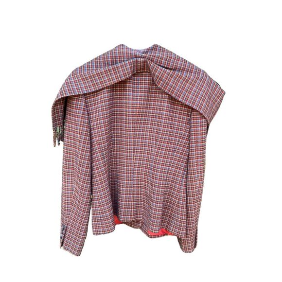 Worth Vintage 90s Plaid Tweed Blazer S Brown Fringed Shawl Collar - Picture 3 of 13